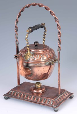 Lot 261 - A LATE 19TH CENTURY COPPER TEA KETTLE ON STAND...
