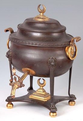 Lot 629 - A REGENCY BRONZE AND ORMOLU MOUNTED TEA URN...