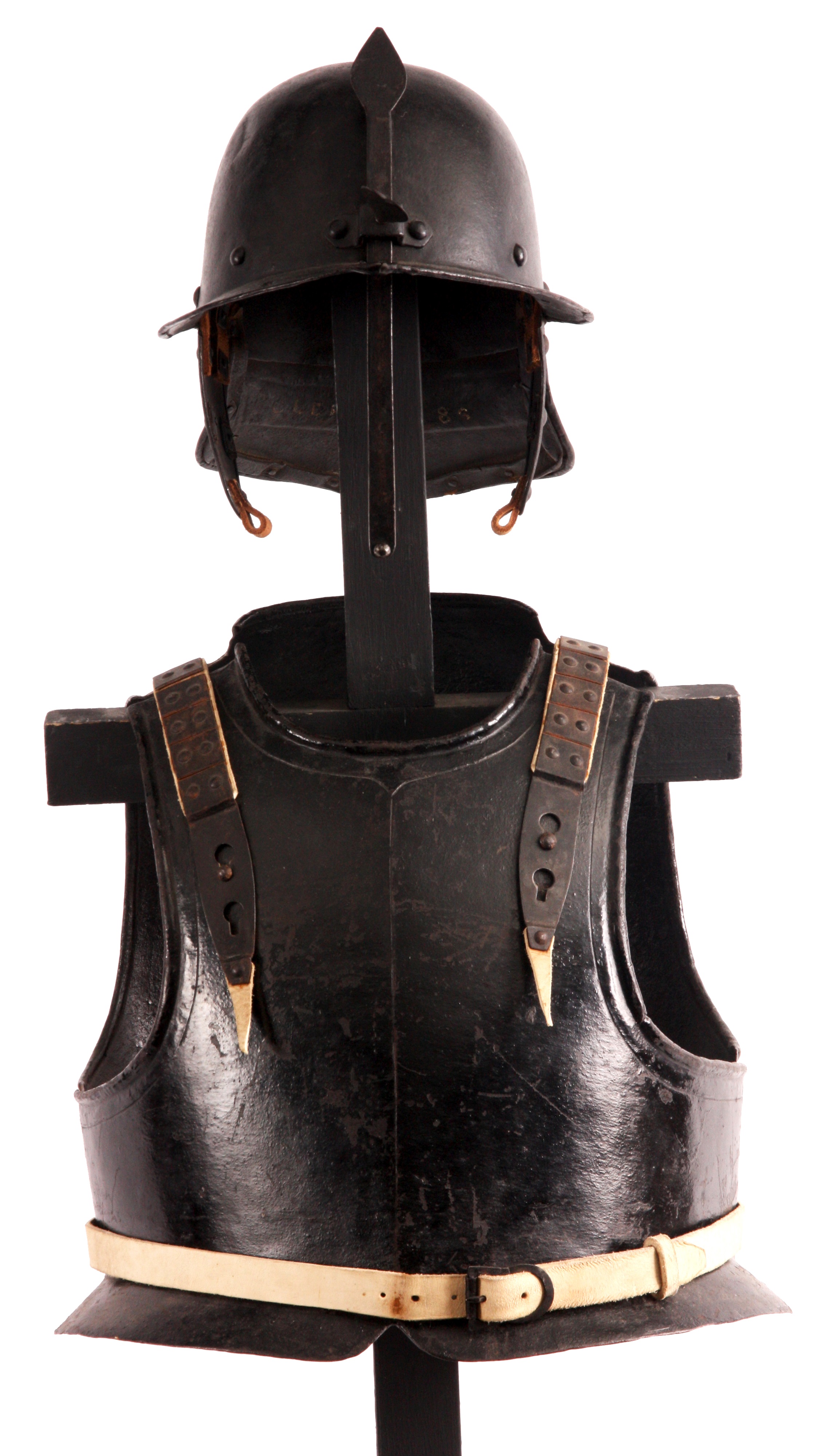 Seventeenth-century Cromwellian harquebus suit of armour with breastplate and helmet
