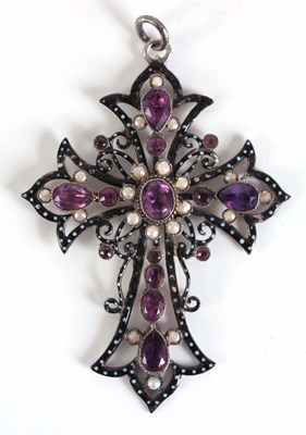 Lot 179 - AN ENAMELLED SILVER AMETHYST AND PEARL SET...