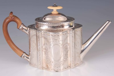Lot 156 - A GEORGE III SILVER ENGRAVED TEAPOT having a...