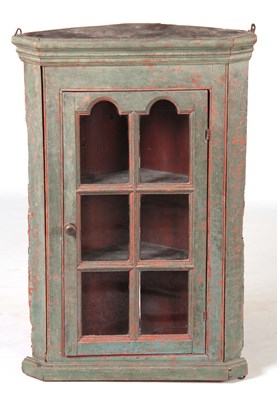 Lot 1007 - A 19TH CENTURY GLAZED PAINTED CORNER CUPBOARD