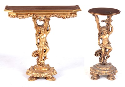 Lot 1023 - TWO GILTWOOD CARVED HALL TABLES with cherub...