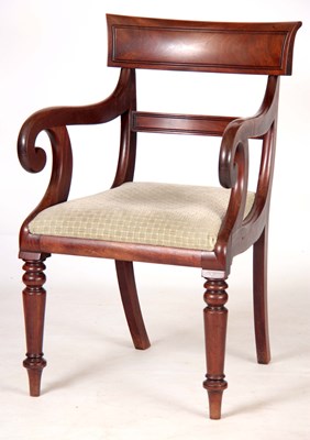 Lot 1038 - A REGENCY MAHOGANY ARMCHAIR with bar back and...