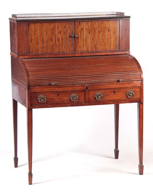 Lot 1057 - A GEORGE III SATINWOOD AND EBONY LINED TAMBOUR...