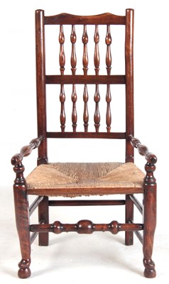 Lot 1078 - A 19TH CENTURY ELM AND FRUITWOOD SPINDLE BACK...