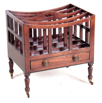 Lot 1113 - A GEORGE III MAHOGANY CANTERBURY with shaped...
