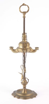 Lot 349 - A 19th CENTURY BRASS OIL LAMP with snuffers on...