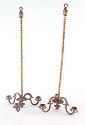Lot 357 - A PAIR OF 19TH CENTURY GILT BRASS THREE BRANCH...