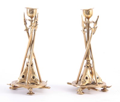 Lot 359 - A PAIR OF EARLY 20TH CENTURY BRASS GOTHIC...