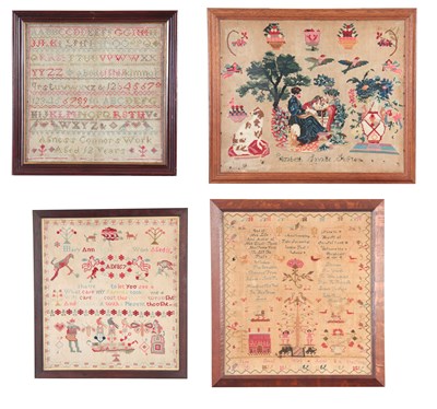 Lot 399 - A SET OF FOUR 19TH CENTURY SAMPLERS, in glazed...