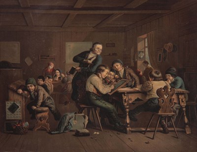 Lot 410 - A 19TH CENTURY OILIOGRAPH PRINT THE SCHOOL...