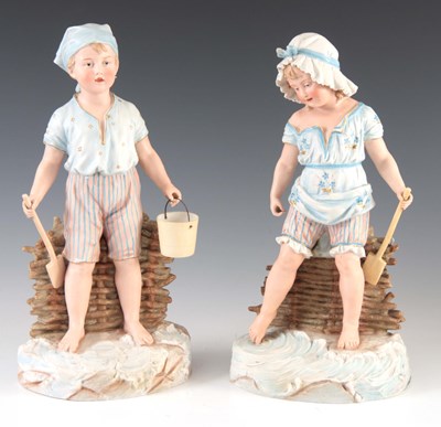 Lot 53 - A 19TH CENTURY LARGE PAIR OF BISQUE PORCELAIN...