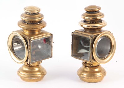 Lot 724 - A LARGE PAIR OF BRASS SQUARE SIDE LAMPS 33cm high