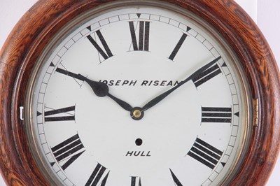 Lot 904 - AN OAK CASED SPRING DRIVEN WALL CLOCK with a...