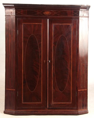 Lot 964 - A GEORGE III INLAID MAHOGANY HANGING CORNER...